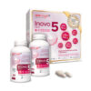 Dve biele fľaše a dve tablety pred škatuľou s názvom Barny's INOVO 5 forte 2x90 tabliet, doplnok stravy s MSM a vitamínmi.
