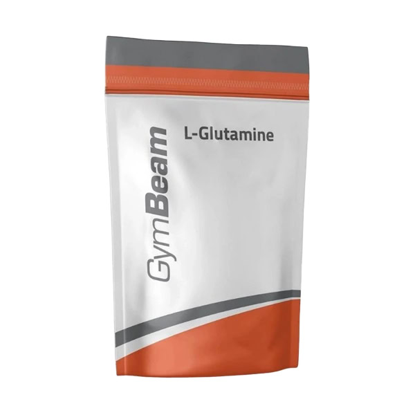 GymBeam L-Glutamine prášok bez príchute 250g Biely a oranžový uzatvárateľný obal s nápisom "GymBeam L-Glutamine prášok bez príchute 250g" a logom GymBeam vpredu.
