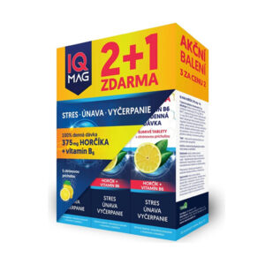 IQ MAG Horčík 375 mg + Vitamín B6 šumivé tablety citrónové, 3x20 ks, balenie s obrázkom citróna a akciou 2+1 zdarma.