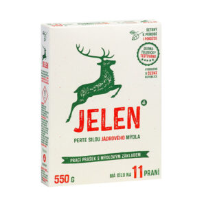 550g balenie JELEN mydlového pracieho prášku na 11 praní, so zeleným jeleňom, českým textom a informáciou o ekológii.