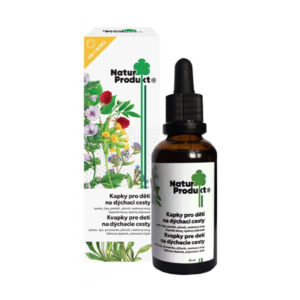 Hnedá fľaška s kvapkadlom a škatuľou NaturProdukt Kvapky pre deti na dýchacie cesty 50ml s vyobrazenými bolinkami.