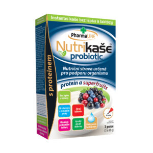 Balenie Nutrikaša probiotic proteín a superfruits 3x60g, bez lepku a laktózy, obrázky bobúľ, český text o benefitoch.