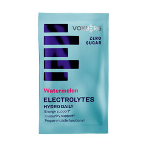 Modrý obal s nápisom VOXBERG Elektorlyty HYDRO DAILY príchuť Melón 10g, na obale sú uvedené informácie o energii, imunite a podpore svalov.