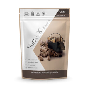 Béžové balenie Verm-X granúl pre mačky 120g, s obrázkom mačky a košíka, uvádza benefity a certifikáty na obale.