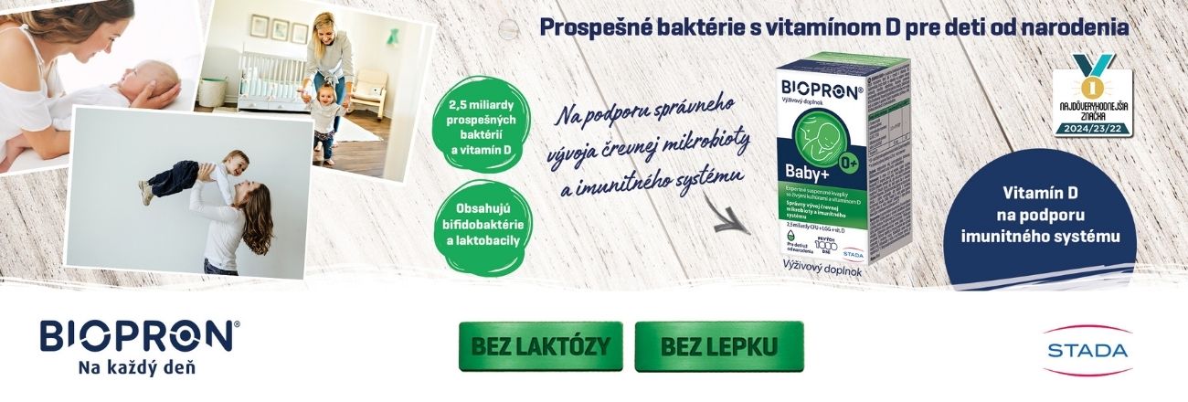 Reklama na Biopron Baby+, výživový doplnok s obsahom živých mikroorganizmov a vitamínom D pre deti; balenie produktu a fotografie rodičov s deťmi.
