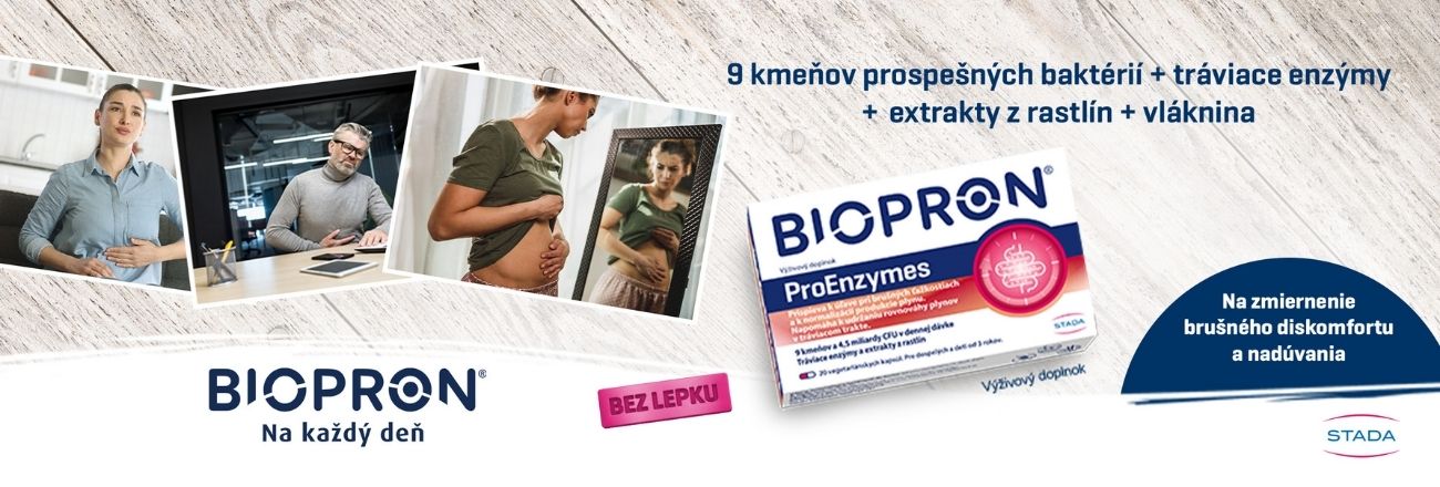 Banner na Biopron Profenzymes, doplnok s probiotikami, enzýmami, rastlinnými extraktmi a vlákninou. Na obrázku sú ľudia s tráviacimi ťažkosťami a balenie produktu. 