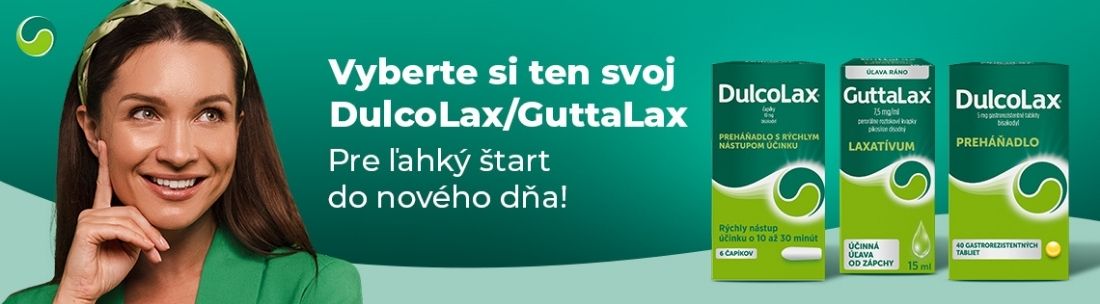 Žena stojí vedľa troch balení produktov Dulcolax a Guttalax, banner so slovenským textom propagujúcim ľahký začiatok dňa.