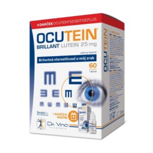 Balenie výživového doplnku Ocutein Brillant Lutein 25 mg, na obale je optotyp, modré oko a obrázky produktu. Na krabičke je vyobrazený darček.