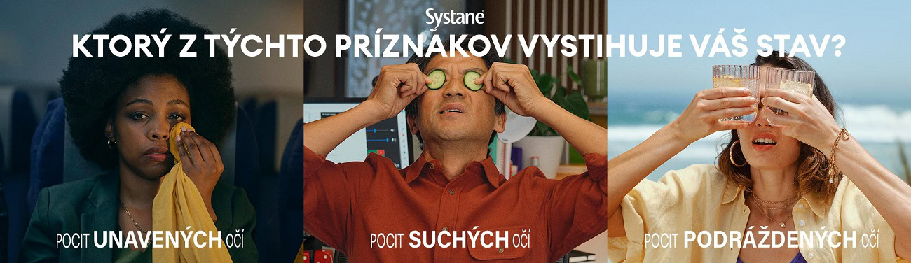 Traja ľudia majú syndróm suchého oka a rôzne príznaky, jeden si utiera slzy a má unavené oči, druhý si prikladá uhorky pretože trpí pocitom suchých očí, tretí sa snaží upokojiť podráždené oči prikladaním studených pohárov. Text propaguje kvapky Systane® COMPLETE.