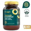 Fľaša Beggs Premium B-COMPLEX Lalmin & Myo-Inositol označená 60 kapsulami, ikonky pre vegánov a podporu energie.
