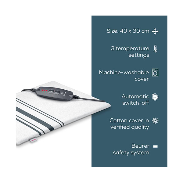 Beurer vyhrievacia podložka HK 26_2 Vyhrievacia podložka s bavlneným poťahom Poťah je možné prať v práčke na 40 °C 3 úrovne nastavenia teploty Beurer bezpečnostný systém: sledovanie teploty a automatické vypnutie Automatické vypnutie po 90 minútach Podsvietené nastavenia teploty