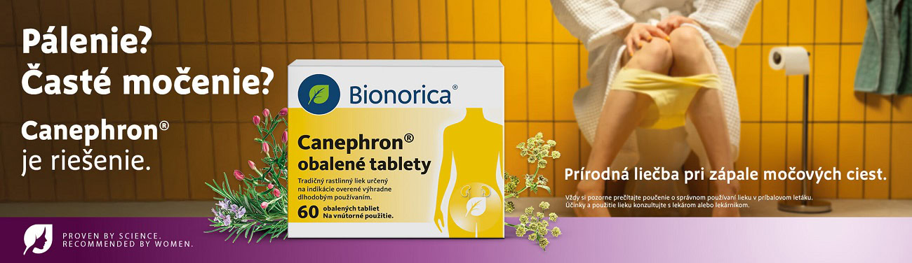 Reklama na Canephron od Bionorica, žena sedí na toalete, zobrazené bylinky, informácia o liečbe infekcií močových ciest.