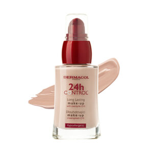 Fľaša DERMACOL 24h Control dlhotrvácny, dotyku odolný make-up 01 30 ml s červeným vrchnákom pred nánosom make-upu.