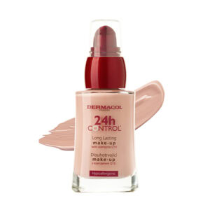 Fľaša DERMACOL 24h Control dlhotrvácny make-up 01, 30ml, takže šmuhou béžovej farby v pozadí.