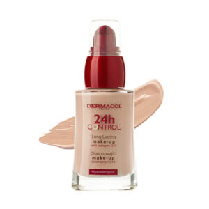 Fľaša DERMACOL 24h Control dlhotrvácny, dotyku odolný make-up 03, 30ml, v pozadí béžový rozotretý make-up.