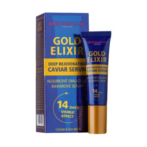 Tuba DERMACOL GOLD ELIXIR omladzujúce sérum 12ml vedľa fialovo-zlatého balenia s informáciou o účinku do 14 dní.