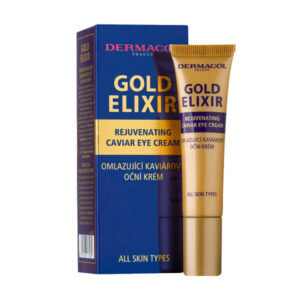 Krabička a tuba DERMACOL GOLD ELIXIR omladzujúci očný krém 15 ml pre všetky typy pleti, postavené postojačky s viditeľným logom.