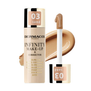 Fľaša DERMACOL Infinity make-upu a korektora v odtieni 02 Beige 20g s aplikátorom a vzorkou produktu.