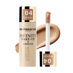 Fľaša DERMACOL Infinity make-up a korektoru 03 Sand 20g s aplikátorom a ukážkou odtieňa produktu.