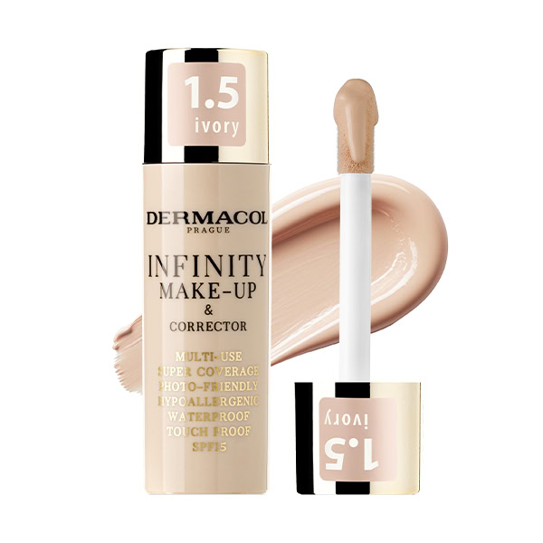 DERMACOL Infinity make-up a korektor 1,5 Ivory 20g DERMACOL Infinity make-up a korektor 04 Bronze 20g s aplikátorom a vzorkou bronzového produktu v pozadí.