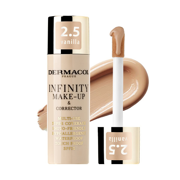 DERMACOL Infinity make-up a korektor 2,5 Vanilla 20g DERMACOL Infinity make-up a korektor 1,5 Ivory 20g (Kópia), zobrazená fľaša, aplikátor a ukážka odtieňa produktu.