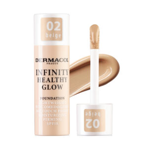 DERMACOL Infinity rozjasňujúci make-up 02 Beige 20g s aplikátorom a vzorkou produktu vedľa fľaštičky.