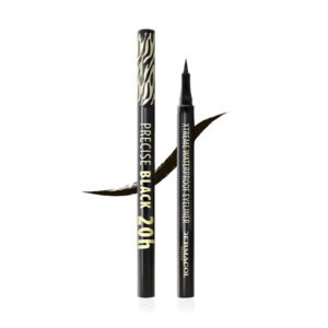Dermacol Precise BLACK 20h vodeodolná linka na oči (1,1 ml), uzáver so vzorom zebry, zobrazená otvorená aj zatvorená.