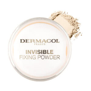 Priehľadná nádoba s DERMACOL fixačným púdrom Light 13g a rozsypaným sypkým púdrom vedľa nej.