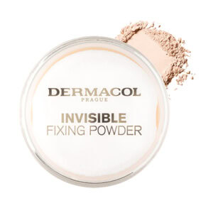 Okrúhle balenie DERMACOL fixačný púder Light 13g (Kópia) s viečkom s názvom produktu, vedľa trochu rozsypaného púdru.