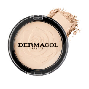 DERMACOL kompaktný púder s reliéfom ruže 01, 8g, položený otvorený, vedľa je trocha rozsypaného púdru.