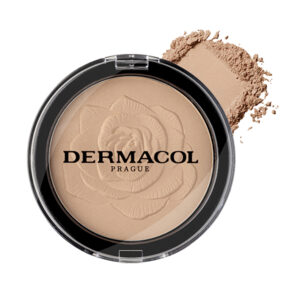 DERMACOL kompaktný púder s reliéfom ruže, odtieň 04, 8g. Vedľa puzdra je nasypaný sypký púder.