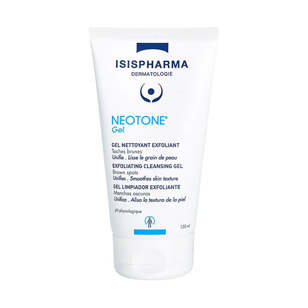 150ml biela tuba ISISPharma NEOTONE čistiaci exfoliačný gél na pigmentové škvrny, modrý a čierny text na obale.