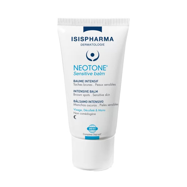 Biela tuba s nápisom ISISPharma NEOTONE Sensitive intenzívny balzam, pigmentové škvrny 30 ml, text v angličtine, francúzštine a španielčine.