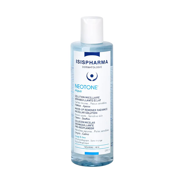 Priehľadná plastová fľaša ISISPharma NEOTONE čistiaca micelárna voda, bielo-modrý štítok, biely uzáver, 250 ml.