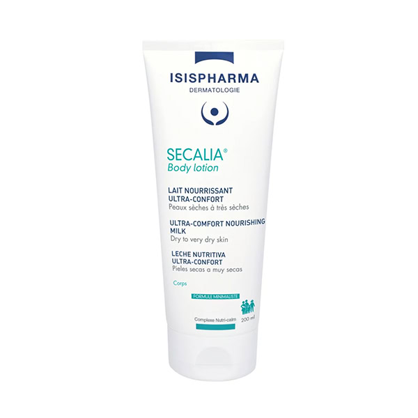 200ml biela tuba ISISPharma SECALIA Body Lotion Ultra-comfort pre veľmi suchú pokožku, popisy vo francúzštine a angličtine.