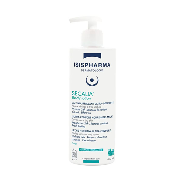 Biela 400ml fľaša ISISPharma SECALIA Body Lotion Ultra-comfort s pumpičkou, modro-zelený text, určený na takú pokožku.