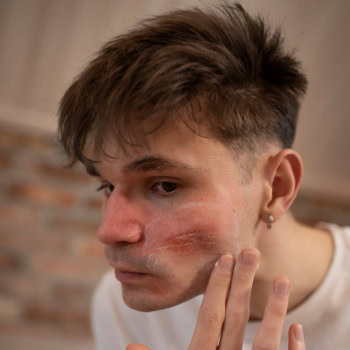 cervene flaky na tvari