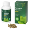 Fľaša, škatuľka a kapsuly PLATAN Gymnema Sylvestre 400 mg s balením so zeleným listom, označené ako 90 kapsúl.